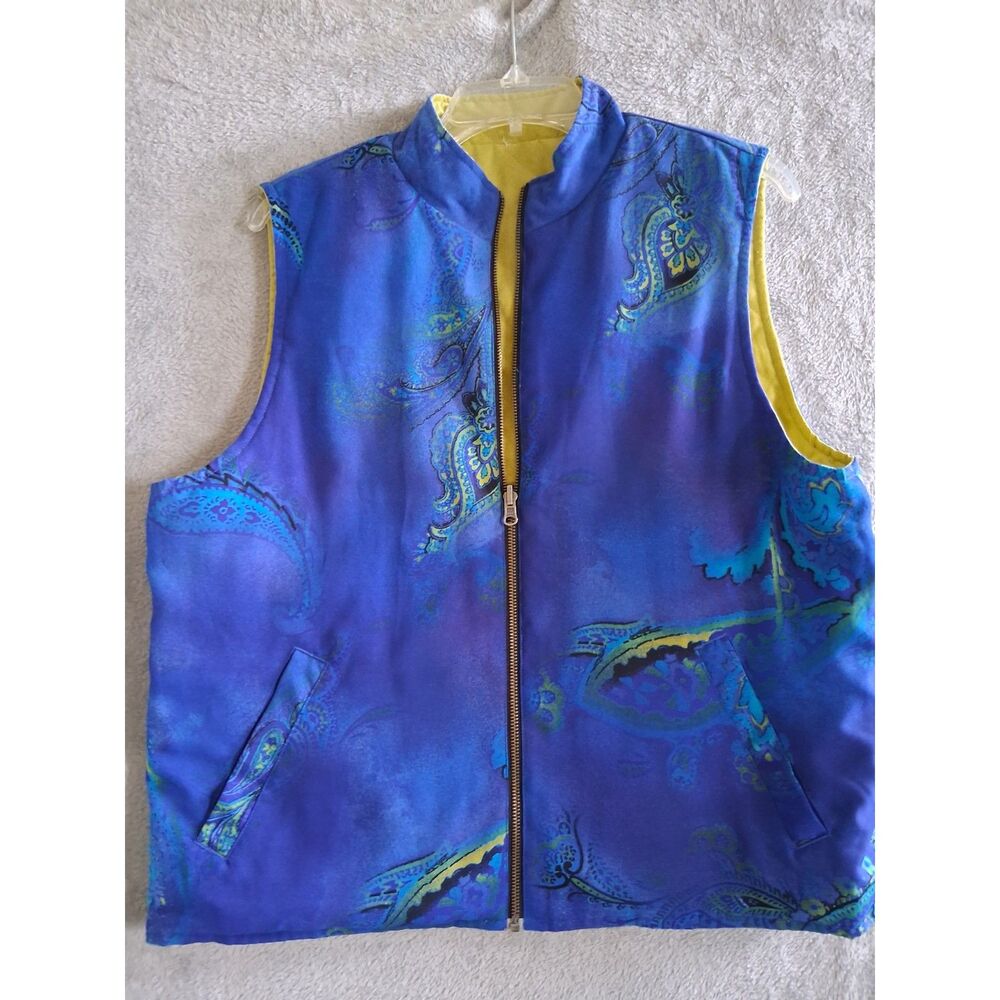 Chicos Sz 2 Lg Reversible Vest Paisley Blue Quilted Green FullZip Outdoor Artsy